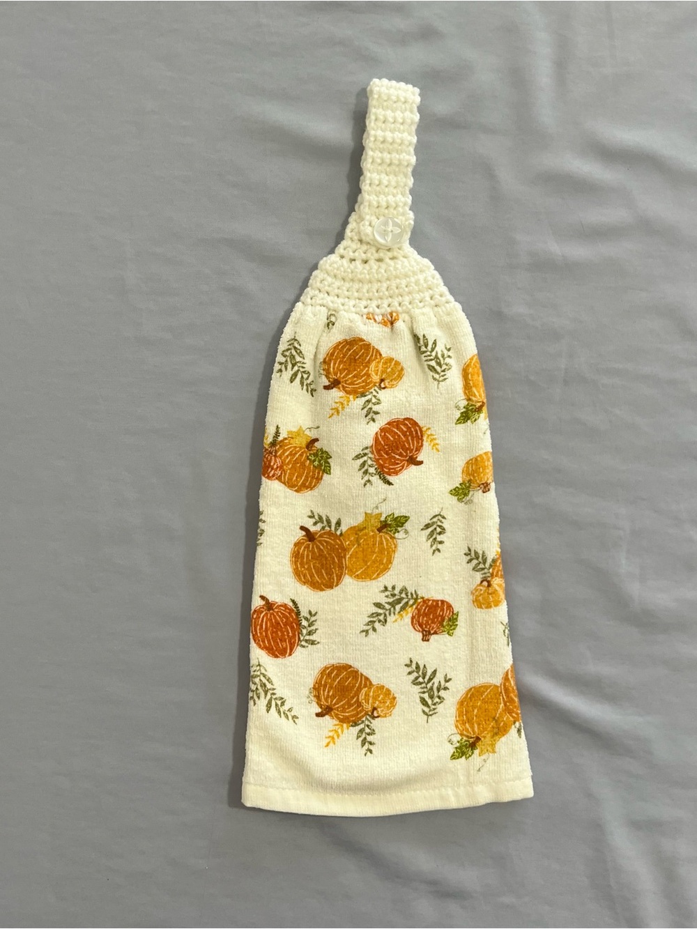 Fall Crocheted Top Hanging Kitchen Towel with Orange Pumpkin Print
